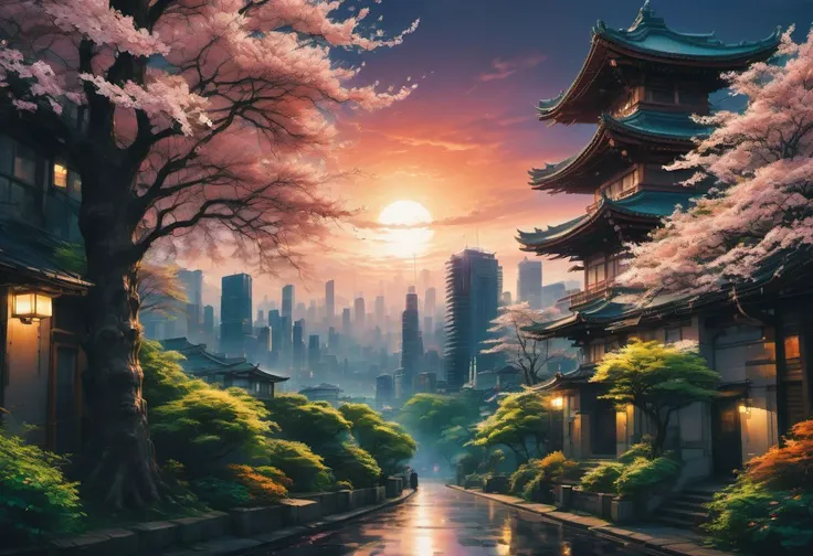 An award-winning photo of a bustling anime cityscape (anime:1.3), bathed in the warm glow of sunset (sunset:1.2). Vibrant, colorful, and full of life, with towering skyscrapers, bustling streets, and futuristic technology. Captured by the renowned anime photographer, Makoto Shinkai (Makoto Shinkai:1.5), using a high-resolution digital camera (digital camera:1.2) and a wide-angle lens (wide-angle lens:1.1). The scene is filled with dynamic characters, each with their own unique style and personality. The city is surrounded by lush greenery, with cherry blossom trees in full bloom (cherry blossom:1.0), adding a touch of natural beauty to the futuristic setting. The lighting is dramatic, casting long shadows and creating a sense of depth and atmosphere. This captivating image is trending on art platforms like ArtStation (ArtStation:1.2), showcasing the incredible talent and creativity of the anime world. aesthetic