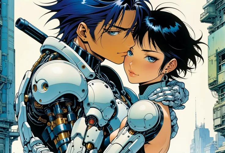 A couple hugging. A woman hugging a cyborg. Style by Masamune Shirow.