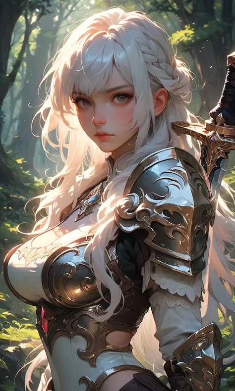 score_9, score_8_up, score_7_up, score_6_up, 1girl, beautiful, white hair, long hair, bangs, fair skin, big breasts, leather armor, sword, forest, dappled sunlight, upper body, looking at viewer