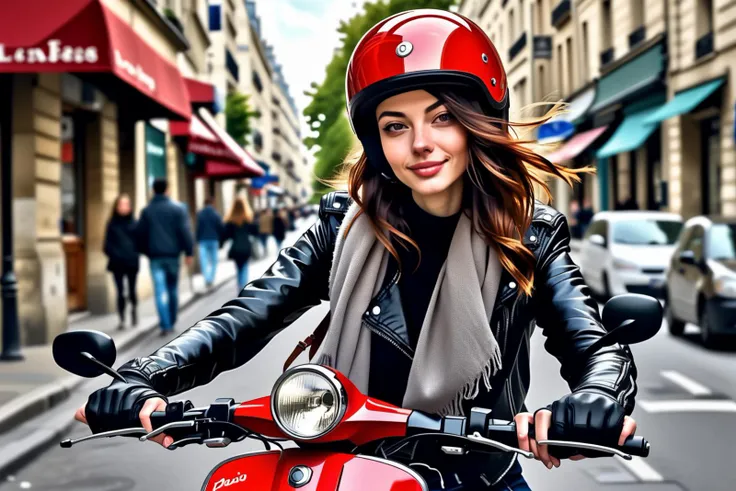 Digital art. Closeup of a French woman in a red helmet, riding a scooter on the street of Paris.
