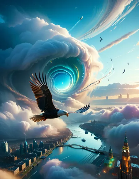high fantasy, mythical, mysterious, sense of depth, blurred background, iridescent, vivid, highly detailed, diffuse, diffusion, glowing, light reflection, transparent, multidimensional, chromatic, sfx, chroma, gradient, This stunning image is rendered in insanely high resolution, realistic, 8k, HD, HDR, XDR, focus + sharpen + wide-angle 8K resolution + HDR10 Ken Burns effect + Adobe Lightroom + rule-of-thirds + high-detailed bark. Canon EOS 5D Mark III, 1/160s, f/8, ISO 100, vivid, vibrant, high saturation, bright colors, wide angle, focal point, fisheye lens, distorted perspective inside cloud, (windy:1.15), sky, desolate cityscape, flying, high angle, (hurricane, tornado:1.15), cyclone, visible wind, motion line, soaring, (wind god), double exposure, debris flying through the sky, (Jörmungandr), view from above, overlooking cityscape, vortex, smog, fog