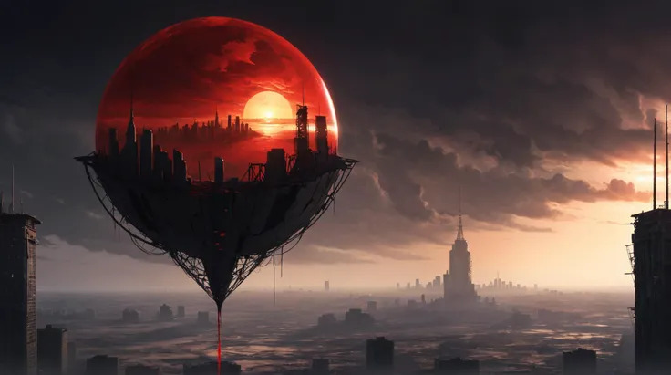 The sun, a blood-red disk, hangs low in the sky, casting long shadows across a desolate wasteland. Crumbling skyscrapers lean precariously, their shattered windows reflecting the fractured world. A tattered flag flutters atop a rusted radio towerâthe last symbol of resistance. Amidst the ruins, a clutches a cracked hourglass, its sands slipping away. The childeyes hold a glimmer of hope, defying the impending darkness.