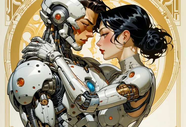 A couple hugging. A woman hugging a cyborg. Style by J.C Leyendecker. NijiEX Style.