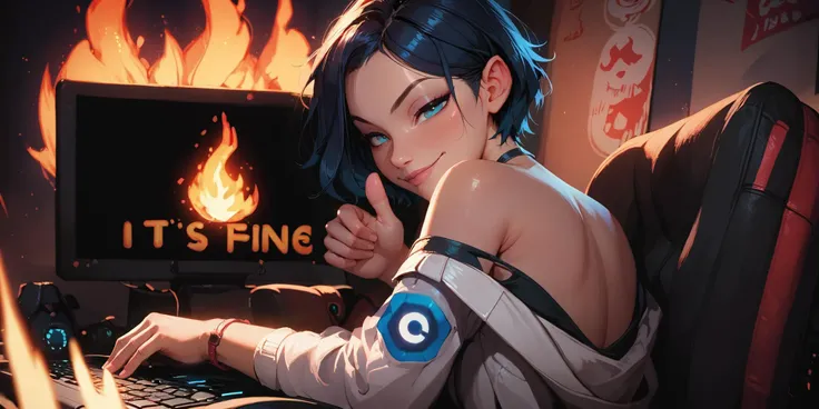 score_9, score_8_up, score_7_up, score_6_up, source_anime, seductive, hd, best quality, highres, extremely detailed, detailed skin, Perfect face, Beautiful eyes, zPDXL2, (embedding:zPDXL2:1.1), 1girl, solo, looking back at viewer, short hair, dark blue hair, blue eyes, a girl setting in front of the Computer, setting, white jacket, off shoulder, thumbs up, (The fire creates text " IT'S FINE " on monitor), computer screen covered with flames, indoors, fire, keyboard \(computer\), (half-closed eyes:1.2), evil smile, smirk, closed mouth <lora:EnvyPonySeductress01a:1.0> <lora:sinfully_stylish_SDKL:0.6> <lora:princess_xl_v2:0.7> <lora:Lora(Pony) Concept Art Twilight Style:0.6> <lora:incase-ilff-v3-4:0.36>