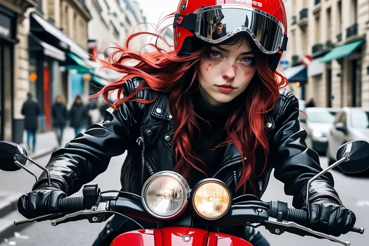 Closeup of a French woman in a red helmet, riding a scooter on the street of Paris. Style by Agnes Cecile.
