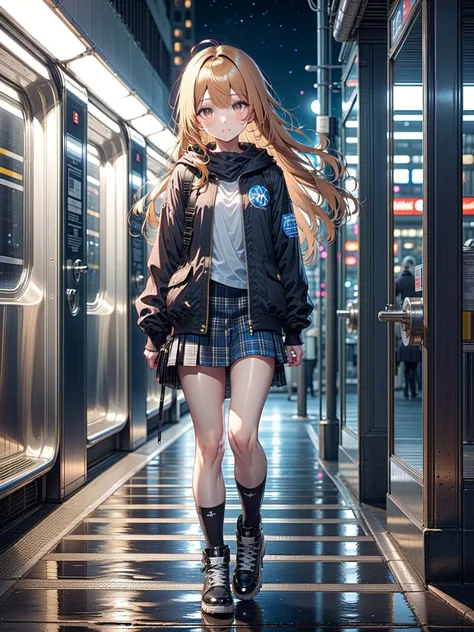 1girl, bike shorts under skirt hairclip high heel boots,butterscotch hair,medium hair,straight hair,  hair between eyes bangs,modern public toilet nighttime,