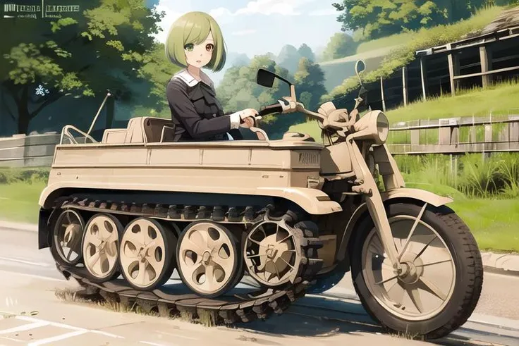 masterpiece, best quality <lora:kettenkrad-v11:0.7>, 1girl, solo, driving kettenkrad, :d, BREAK (green bob cut:1.2) BREAK pink eyes