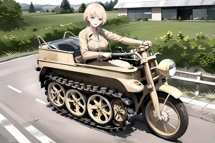 masterpiece, best quality <lora:kettenkrad-v11:0.7>, 1girl, solo, driving kettenkrad, :d, BREAK (green bob cut:1.2) BREAK pink eyes