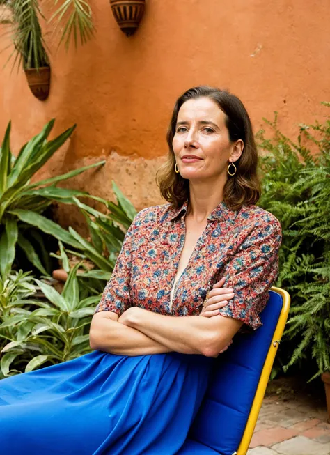 portrait of sks woman in Marrakech, at the vibrant Jardin Majorelle, by Flora Borsi, style by Flora Borsi, bold, bright colours, ((Flora Borsi)), by William Eggleston, <lora:locon_emmathompson_v1_from_v1_64_32:1>