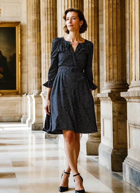 A stunning intricate full color portrait of (sks woman:1) in Paris, at the Louvre Museum, wearing Polka dot dress and kitten heels, epic character composition, sharp focus, natural lighting, subsurface scattering, f2, 35mm, film grain, , by Peter Lindbergh, <lora:locon_emmathompson_v1_from_v1_64_32:1>