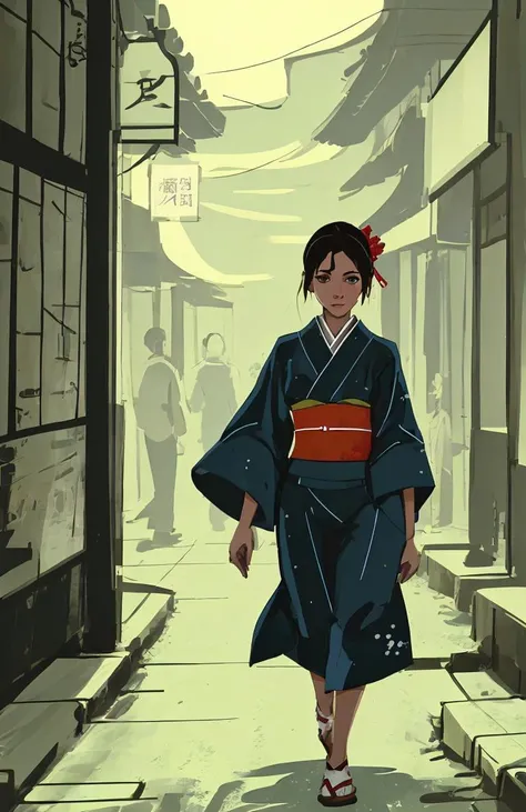 <lora:Paint_style-000007:.8> , a girl walking on the street, kimono , cinematic, looking at viewer
