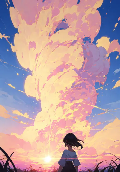 masterpiece, best quality, 1girl, sky, clouds, surreal, backlight, <lora:Paint_style:0.8>,