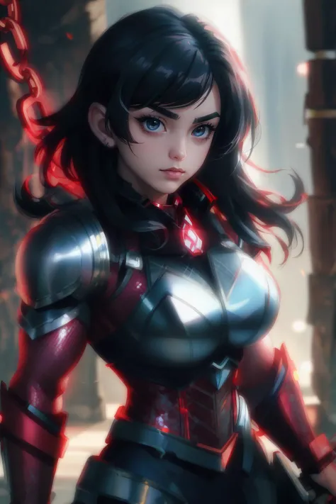 dramatic cartoon portrait 3l3na_n0texist in a red chainmail armour and weaponry walking through a dimly lit dungeon, looking at the camera, cinematic angle, Bokeh effect, dynamic lighting, photorealistic, high detail