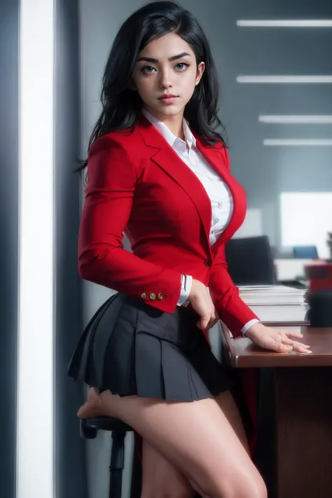 dramatic cartoon portrait 3l3na_n0texist in a red blazer skirt blouse heels in an office, looking at the camera, cinematic angle, Bokeh effect, dynamic lighting, photorealistic, high detail