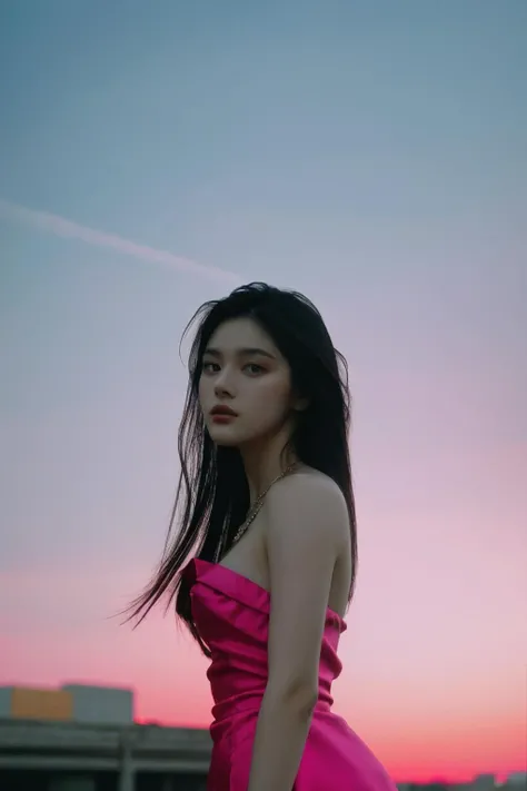 a fashion lookbook portrait of a female fashion model wearing haute couture, Fuchsia, experimental, shot on kodak, vivid, professional medium format film, in liminal industrial background, (jewelry|accessory:1.05), (dawn|dusk:1.05), (spring|summer:1.05), 1girl, no makeup, sharp focus, high contrast, small breast, (upper body:1.4), <lora:iamazhai:0.9>