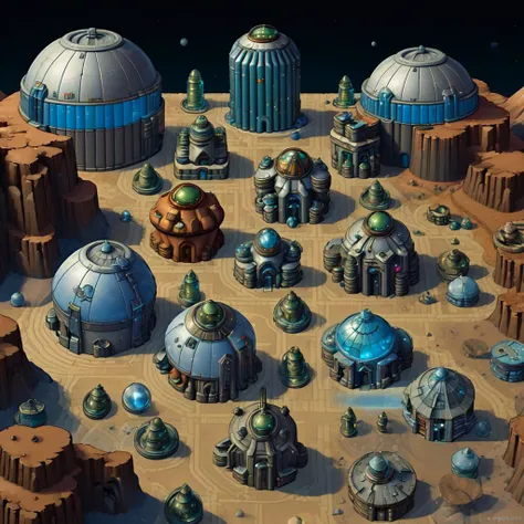 <lora:2Dæ¸¸æåºæ¯_å¤å¶:1> science fiction high tech settlement in space on a barren planet, metal buildings, glass domes, spacecraft