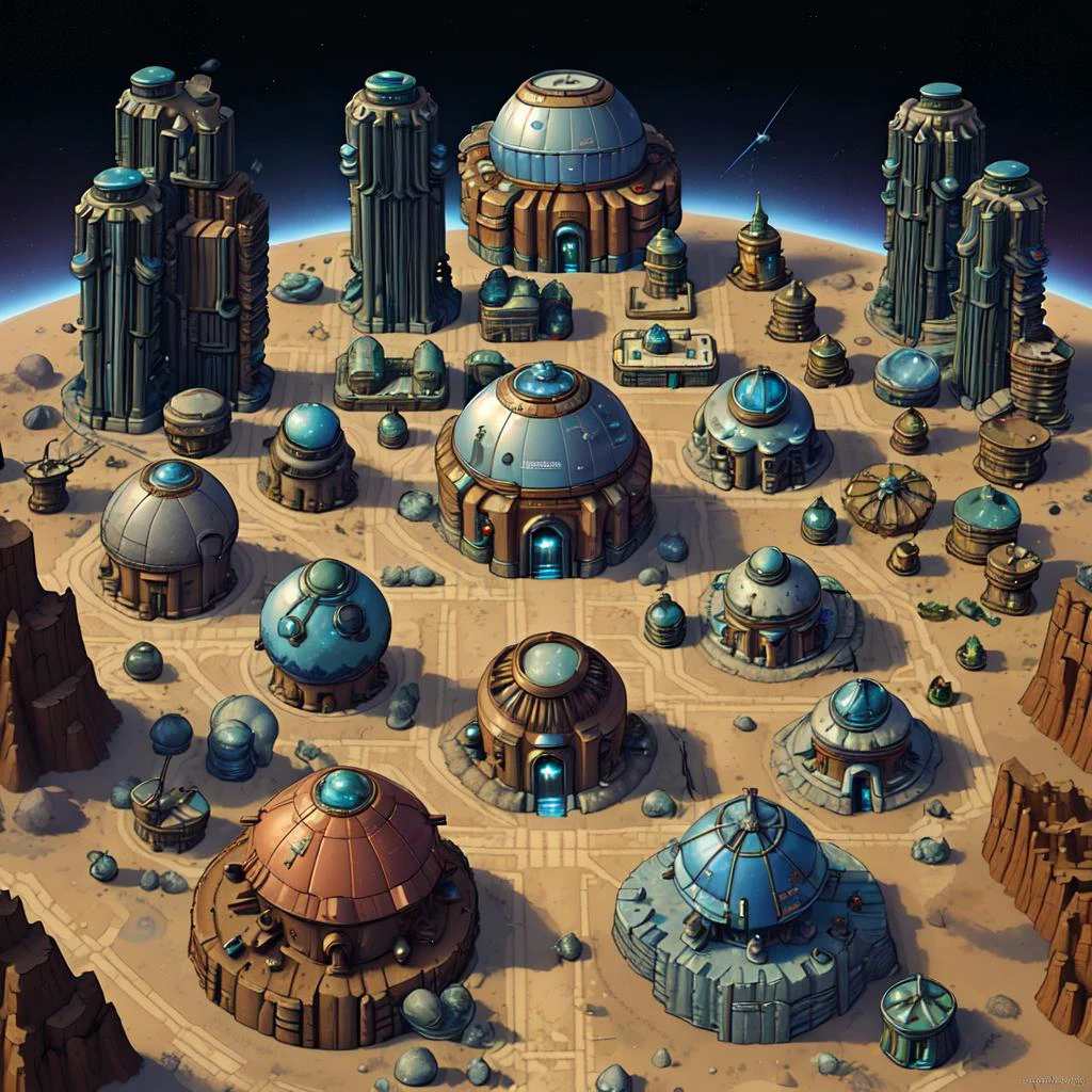 <lora:2D游æåºæ¯_å¤å¶:1> science fiction high tech settlement in space on a barren planet, metal buildings, glass domes, spacecraft