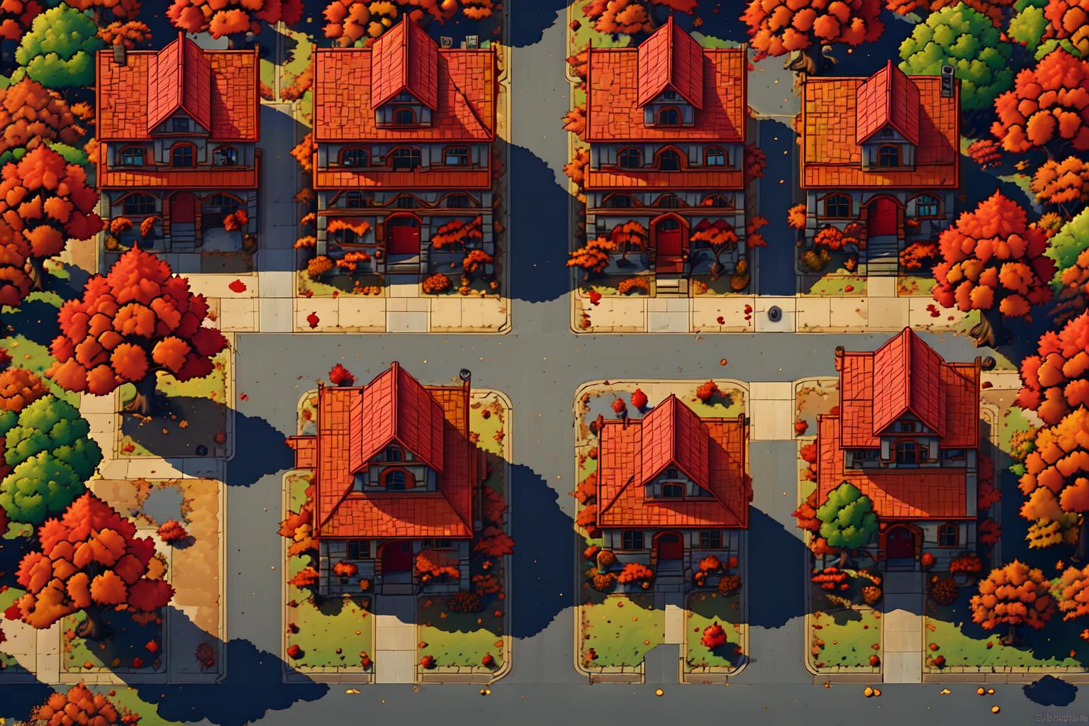 <lora:2D游æåºæ¯_å¤å¶:1> red tile roofs, fall colors, fall trees