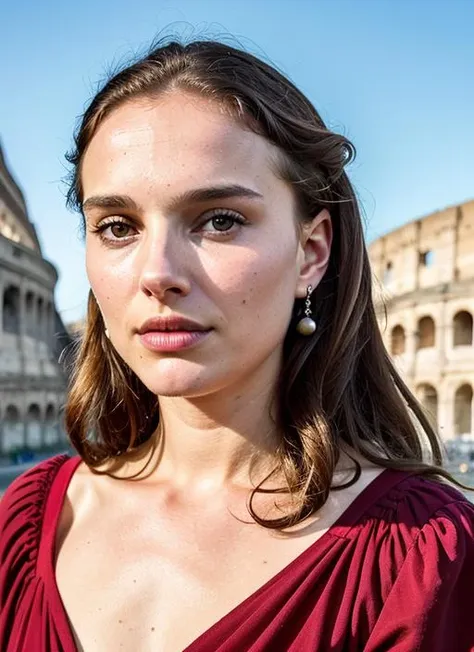 portrait of sks woman in rome, in front of coloseum, by Flora Borsi, style by Flora Borsi, bold, bright colours, ((Flora Borsi)), by Dorothea Lange, <lora:lora-small-natalie-portman-v1:1>