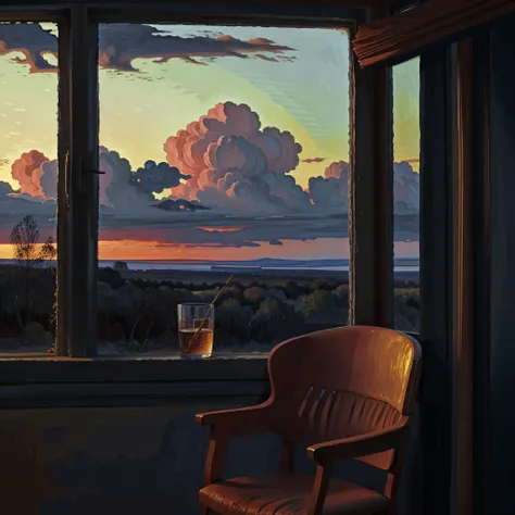 a painting (((in style of lumispot))) of a winter sunrise visible through the window, sky full of dark clouds, dark, highly detailed, dim colors, color accent, <lora:lumispot_merge_2:0.7>