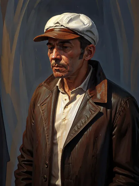 a painting (((in style of lumispot))) of a man wearing cap, upper half <lora:lumispot_merge_2:0.8>