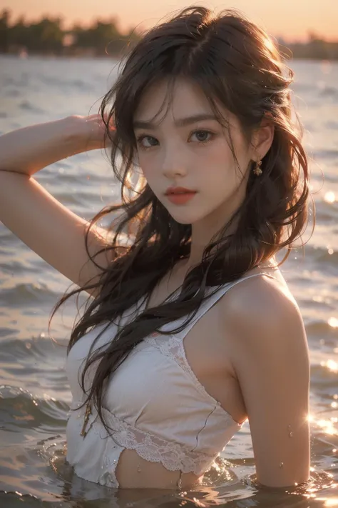 Best quality, masterpiece, ultra high res, (photorealistic:1.4), raw photo, (RAW photo, best quality), (realistic, photo-realistic:1.3), extremely delicate and beautiful, Amazing, finely detail, masterpiece, ultra-detailed, highres,best illustration, best shadow,intricate,depth of field, sharp focus, volumetric fog, 8k UHD, DSLR, high quality,( film grain:1.4),
1 Girl, white skin, long hair with slight curls, detailed beautiful big eyes, exquisite features, features details, (small breasts:1.2), futuristic fashion cool clothes, perfect body,
beautiful lighting, (rainbow_one:1.2), full body, (looking at viewer:1.2)
A girl in a light colored dress stood in a clear lake with a visible bottom. She smiled, her hands gently gliding in the water, causing ripples that shimmered with broken reflections in the sunlight.
The girl had bright eyes and long hair draped over her shoulders and the lake surface, blown by the breeze and brushing lightly over her cheeks.
Golden hour makes everything warm and romantic
a beautiful woman, golden hour, rim lighting, warm tones, sun flare, soft shadows, vibrant colors, hazy glow, painterly effect, dreamy atmosphere
<lora:rainbow one_20230624135644:0.6> <lora:80s Japan 2:0.4:PALETTE> <lora:epiNoiseoffset_v2:0.5>