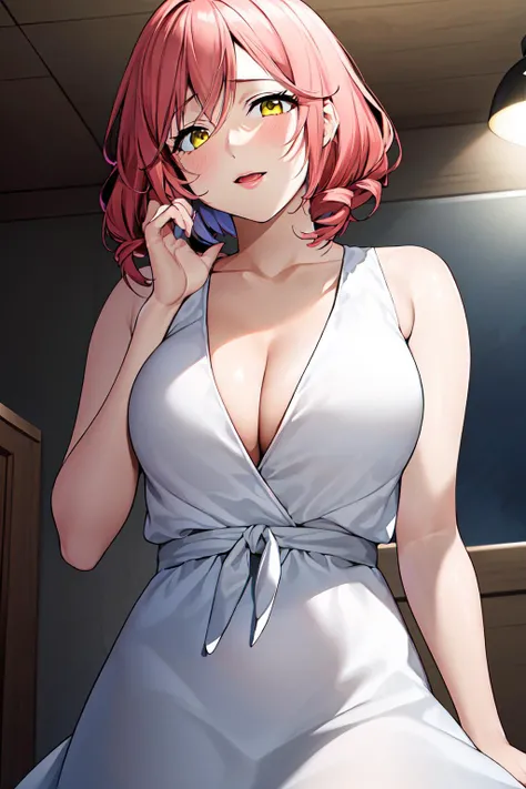 white dress,cleavage, collarbone, sleeveless, <lora:Abou_Koron_World_End-KK77-V1:0.7>, pink hair,yellow eyes,Short_hair,
1 girl, 20yo,Young female,Beautiful Finger,Beautiful long legs,Beautiful body,Beautiful Nose,Beautiful character design, perfect eyes, perfect face,expressive eyes, looking at viewer, in the center of the image,(light_smile:0.5), official art,extremely detailed CG unity 8k wallpaper, perfect lighting,Colorful, Bright_Front_face_Lighting,shiny skin, (masterpiece:1.0),(best_quality:1.0), ultra high res,4K,ultra-detailed, photography, 8K, HDR, highres, absurdres:1.2, Kodak portra 400, film grain, blurry background, bokeh:1.2, lens flare, (vibrant_color:1.2) (Beautiful,large_Breasts:1.0), (beautiful_face:1.5),(narrow_waist)