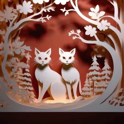 Photorealistic portrait of <lora:KIRIGAMI:1>KIRIGAMI - Kirie. Kirigami. cats, kittens, cute, told in layered Papercutting. Shadowbox. Layered, Fine details. Professional art. High production value. Augmented projection mapped lighting showing lifelike microscopic details. laser etched detail. Story telling craft.