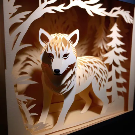 Photorealistic portrait of <lora:KIRIGAMI:1>KIRIGAMI - Kirie. Kirigami. shiba inu dog, cute, told in layered Papercutting. Shadowbox. Layered, Fine details. Professional art. High production value. Augmented projection mapped lighting showing lifelike microscopic details. laser etched detail. Story telling craft.