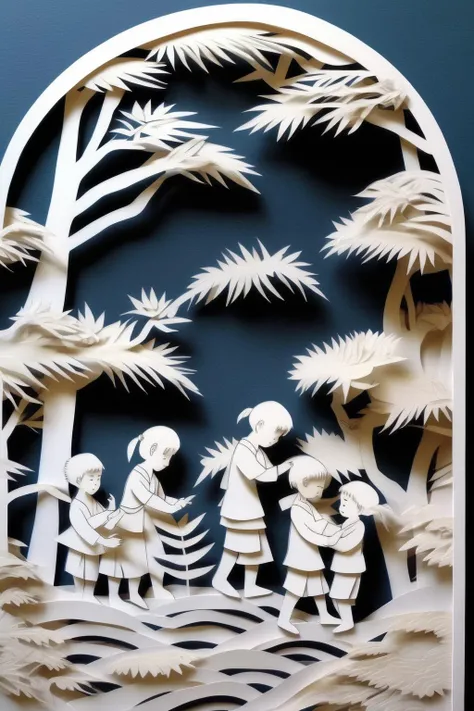 <lora:KIRIGAMI:1>KIRIGAMI - highly intricate paper cut of Asian children learning. Pages from a book. Minimalist style.