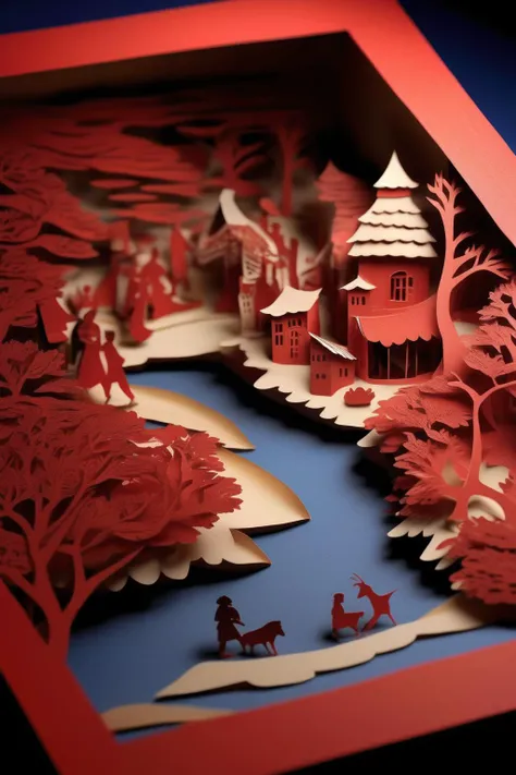 <lora:KIRIGAMI:1>KIRIGAMI - Kirie. Kirigami. A tale of the most ancient folk lore story, told in layered Papercutting. Shadowbox. Layered presentation folklore narrative telling. Fine details. Professional art. High production value. Tilt-shift photography. Red/blue shift. Augmented projection mapped lighting. Microscopic laser etched detail. Story telling craft.