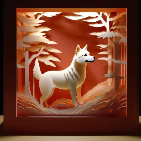 Photorealistic portrait of <lora:KIRIGAMI:1>KIRIGAMI - Kirie. Kirigami. shiba inu dog, cute, told in layered Papercutting. Shadowbox. Layered, Fine details. Professional art. High production value. Augmented projection mapped lighting showing lifelike microscopic details. laser etched detail. Story telling craft.