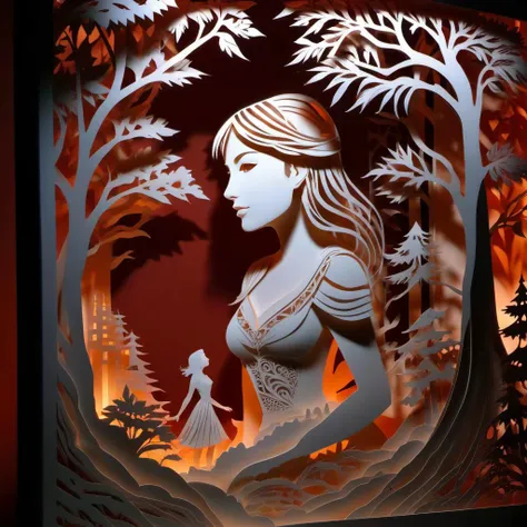 Photorealistic portrait of <lora:KIRIGAMI:1>KIRIGAMI - Kirie. Kirigami. fantasy, romance, story, told in layered Papercutting. Shadowbox. Layered, Fine details. Professional art. High production value. Augmented projection mapped lighting showing lifelike microscopic details. laser etched detail. Story telling craft.