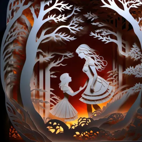 Photorealistic portrait of <lora:KIRIGAMI:1>KIRIGAMI - Kirie. Kirigami. fantasy, romance, story, told in layered Papercutting. Shadowbox. Layered, Fine details. Professional art. High production value. Augmented projection mapped lighting showing lifelike microscopic details. laser etched detail. Story telling craft.