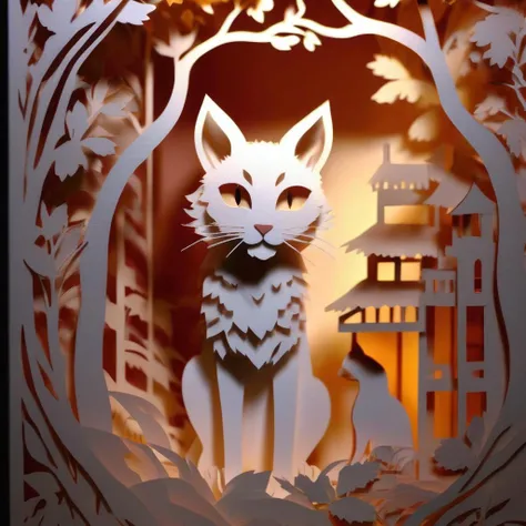 Photorealistic portrait of <lora:KIRIGAMI:1>KIRIGAMI - Kirie. Kirigami. cats, kittens, cute, told in layered Papercutting. Shadowbox. Layered, Fine details. Professional art. High production value. Augmented projection mapped lighting showing lifelike microscopic details. laser etched detail. Story telling craft.