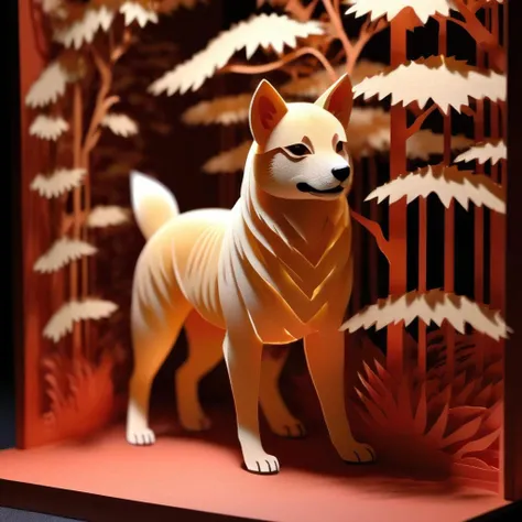 Photorealistic portrait of <lora:KIRIGAMI:1>KIRIGAMI - Kirie. Kirigami. shiba inu dog, cute, told in layered Papercutting. Shadowbox. Layered, Fine details. Professional art. High production value. Augmented projection mapped lighting showing lifelike microscopic details. laser etched detail. Story telling craft.