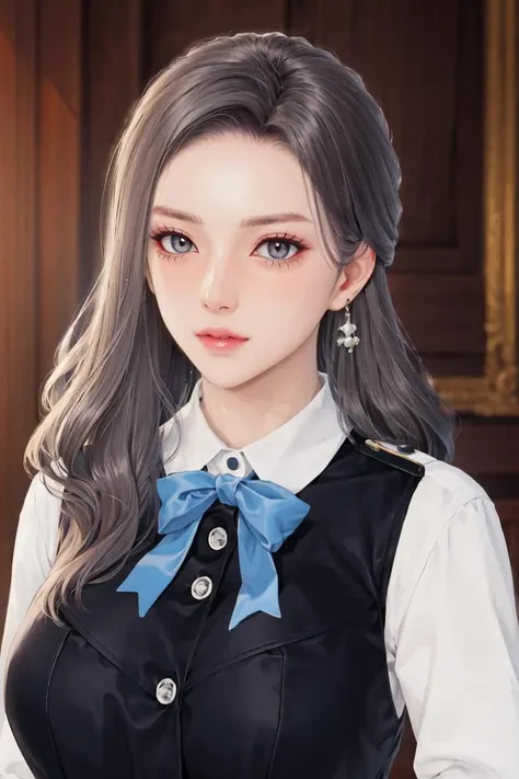 (masterpiece, best quality),(depth of field), shiny skin, 1girl, mature female, solo, gigantic breasts, (cardigan:-1.3), (cleavage:-1.3), (midriff:-1.3),((In the fashion spread embraced by many in their mid-30s, an elegant woman is showcased wearing a navy blue silk blouse with a bow tie detail, paired with tailored cigarette pants and complemented by pearl-drop earrings.)) <lora:danah:0.5>