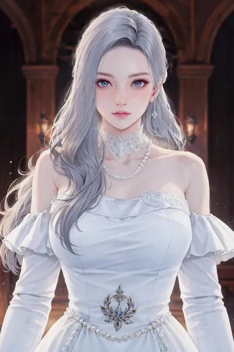 (masterpiece, best quality),(depth of field), shiny skin, 1girl, mature female, solo, gigantic breasts, (cardigan:-1.3), (cleavage:-1.3), (midriff:-1.3), ((Elegant off-shoulder blouse adorned with intricate lace details, paired with a flowing chiffon skirt and complemented by a delicate pearl necklace.)) <lora:danah:0.5>