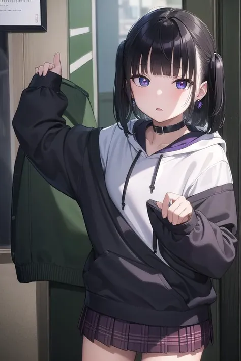 noakashihara, <lyco:noakashihara-lyco-nochekaiser:1>,
noa kashihara, bangs, black hair, twintails, medium hair, piercing, ear piercing, (purple eyes:1.1), earrings,
BREAK skirt, long sleeves, choker, hood, collar, sleeves past wrists, hoodie, plaid skirt,
BREAK indoors,
BREAK looking at viewer, (cowboy shot:1.5),
BREAK <lyco:GoodHands-beta2:1>, (masterpiece:1.2), best quality, high resolution, unity 8k wallpaper, (illustration:0.8), (beautiful detailed eyes:1.6), extremely detailed face, perfect lighting, extremely detailed CG, (perfect hands, perfect anatomy),