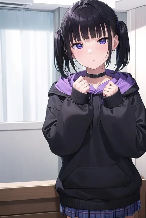 noakashihara, <lyco:noakashihara-lyco-nochekaiser:1>,
noa kashihara, bangs, black hair, twintails, medium hair, piercing, ear piercing, (purple eyes:1.1), earrings,
BREAK skirt, long sleeves, choker, hood, collar, sleeves past wrists, hoodie, plaid skirt,
BREAK indoors,
BREAK looking at viewer, (cowboy shot:1.5),
BREAK <lyco:GoodHands-beta2:1>, (masterpiece:1.2), best quality, high resolution, unity 8k wallpaper, (illustration:0.8), (beautiful detailed eyes:1.6), extremely detailed face, perfect lighting, extremely detailed CG, (perfect hands, perfect anatomy),