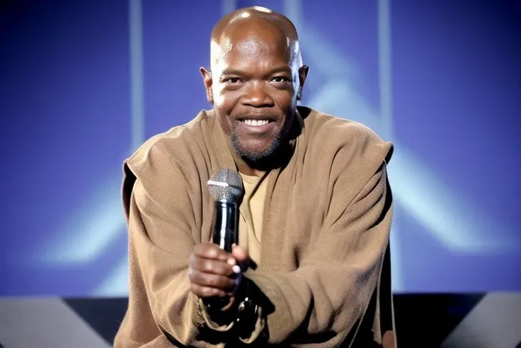 masterpiece, best quality,solo, 1man, samuelLjackson,holding a microphone, performing on stage, smiling , macewindu,upper body <lora:samuelLjackson:1>