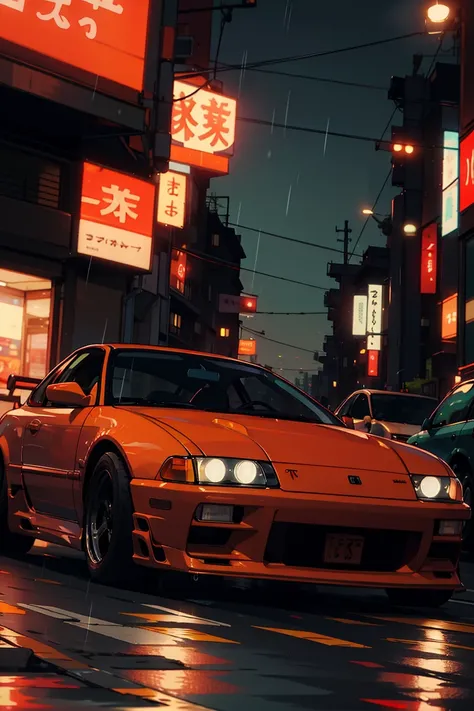 car on the night japanese street, <lora:80F:0.6>, green hue,rain