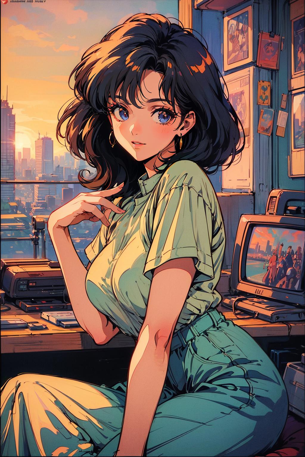 A woman sitting on a desk in front of a window - SeaArt AI