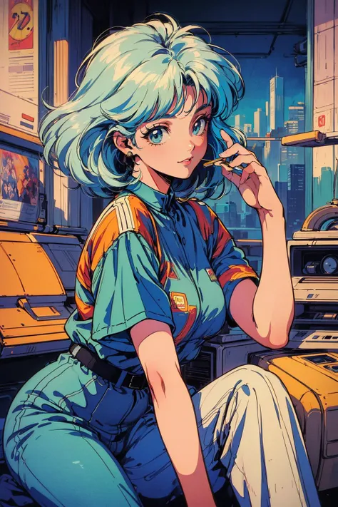 A woman with blue hair sitting on a desk in a room - SeaArt AI