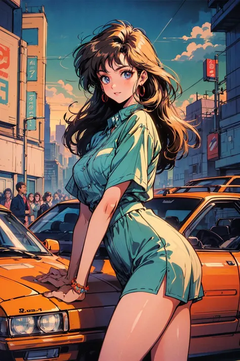 (80's, retro, city pop poster:1.5), (album cover), (masterpiece, best quality, intricate detail), (pastel colors:1.3), best photo pose,
girl, solo, smile,
City Scenes, night city, tokyo, car, high fashion, <lora:add_detail:0.5>, <lora:80'sFusion:0.6>