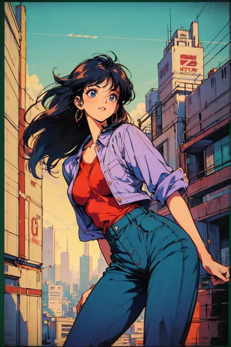 (best quality:1.2,highres,ultra-detailed), detailed face and body of Yuri from The Dirty Pair, stunning Asian beauty, expressive brown eyes, luscious lips, long flowing blue hair, (skimpy yellow outfit), (revealing cleavage), confident and sexy pose, (cyberpunk-inspired city background), neon lights illuminating the scene, vibrant colors, (futuristic and edgy atmosphere), stylish and sleek architecture, dynamic angles and composition, (sci-fi and anime fusion), perfect beauty 、profile、Upper Body、Large Breasts