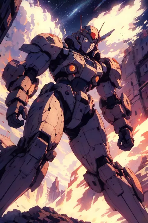 giant mecha, foreshortening, from below, fire in night sky, starry sky, explosion, retro artstyle, 1980s \(style\), best quality, high quality, masterpiece, <lora:80'sFusion:0.6>