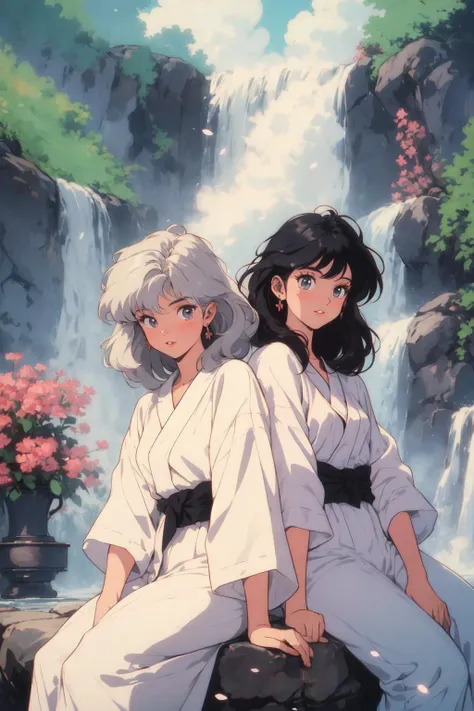 2girls, miko, shrine garden, white robe, sunbeam, light particles, flower, retro artstyle, 1980s \(style\), best quality, high quality, masterpiece, <lora:80'sFusion:0.6>