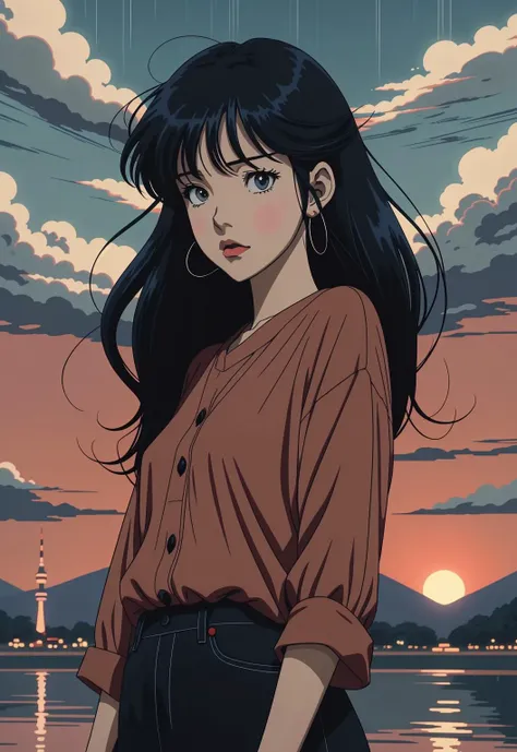 ((anime coloring, anime screencap, ghibli, mappa, anime style)), flat color, retro, 1980s \(style\), 1girl, rain, long hair, red_background, red_sky, red_theme, solo, tokyo, <lora:80'sFusion:0.7>, <lora:LCM-LoRA_sd15:1>