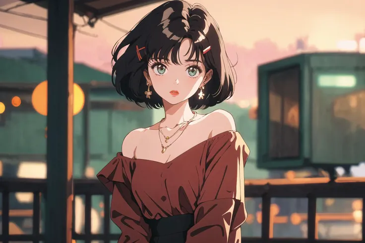 (best quality, masterpiece, highres),1girl,solo,short hair,earrings,hairclip,necklace,off shoulder,bokeh,
<lora:80'sFusion v2:1>,